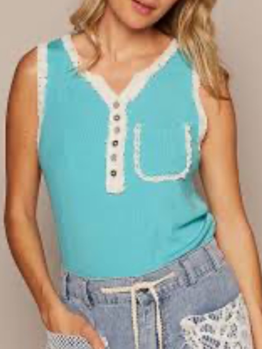 POL Turquoise Henley Tank with Cream Lace Trim